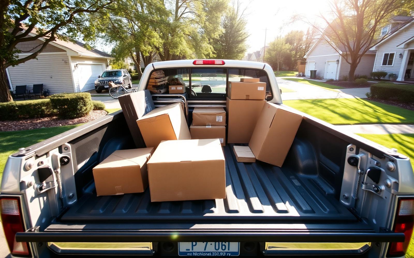 A pickup truck loaded with household junk and boxes ready for removal